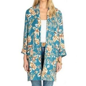 Johnny Was Workshop | light blue floral linen duster jacket cardigan | Sz Large